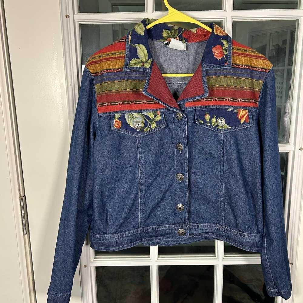 Vintage 1990s Samantha Edwards‎ Denim Jacket Floral Aztec Stripe Patchwork M